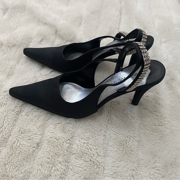 Nine West Black Satin Rhinestone Pointed Toe Slingback Heels Size 7 - Picture 7 of 11